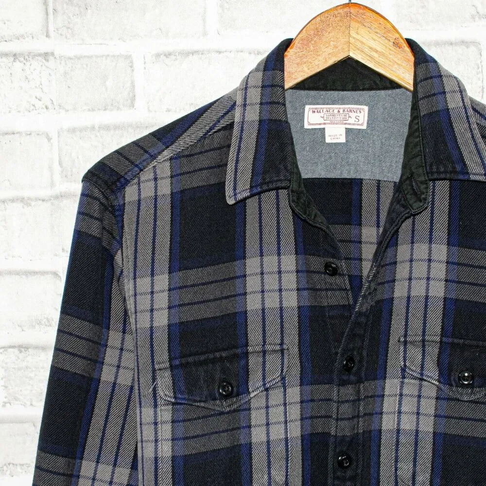 Wallace & Barnes Flannel Shirt Gray Blue Plaid Button up SMALL